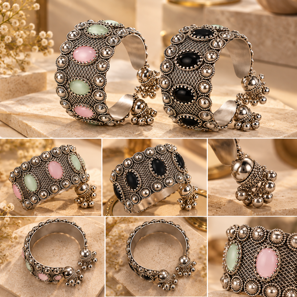 okhhraa Women's Oxidised Cuff Bangle with Oval Stones