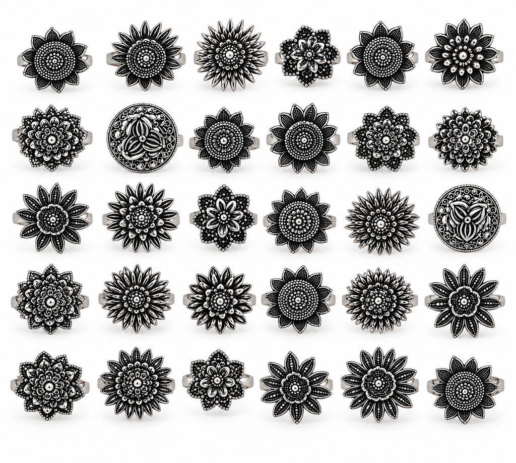 okhhraa Oxidised Silver Floral Boho Rings – Assorted Designs (Any 1 Piece)