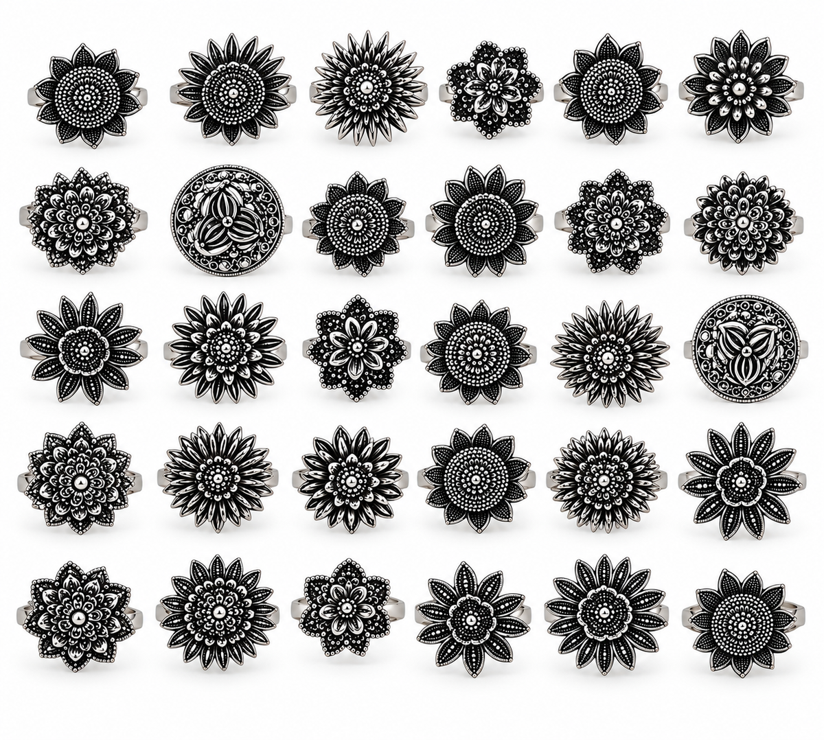 okhhraa Oxidised Silver Floral Boho Rings – Assorted Designs (Any 1 Piece)