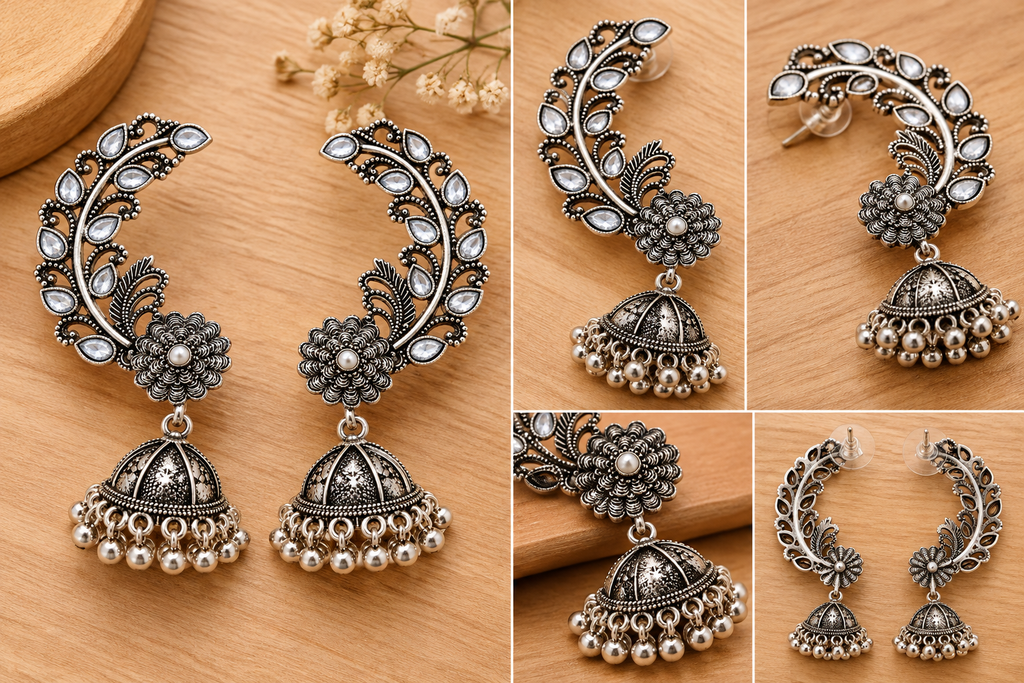 Okhhraa Oxidised Silver Ear Cuff Jhumka Earrings for Women