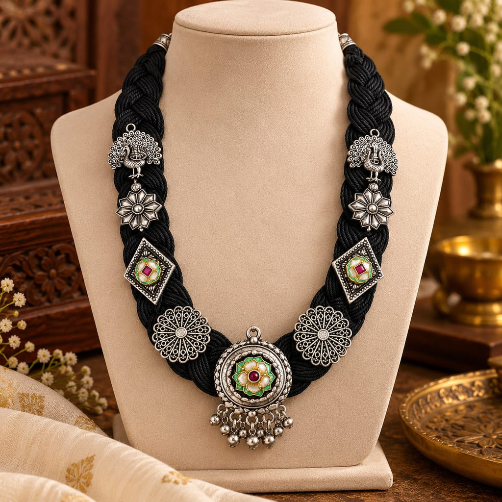 okhhraa Black Braided Thread Oxidised Silver-Tone Traditional Necklace