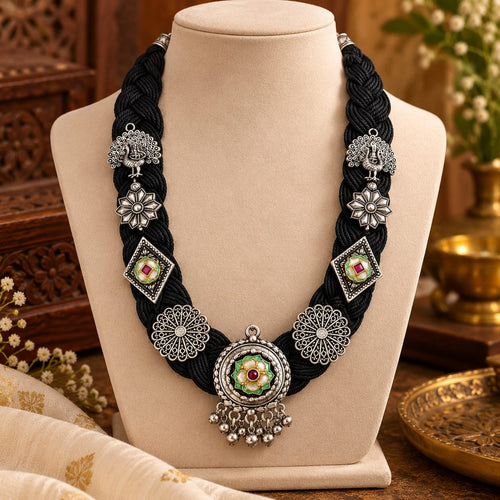 okhhraa Black Braided Thread Oxidised Silver-Tone Traditional Necklace