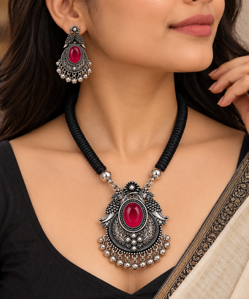 okhhraa Necklace and Earring Set with red Stone