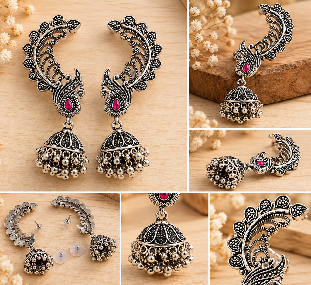 Okhhraa Peacock Ear Cuff Jhumka Earrings with Pink Stone