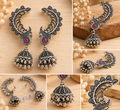Okhhraa Peacock Ear Cuff Jhumka Earrings with Pink Stone