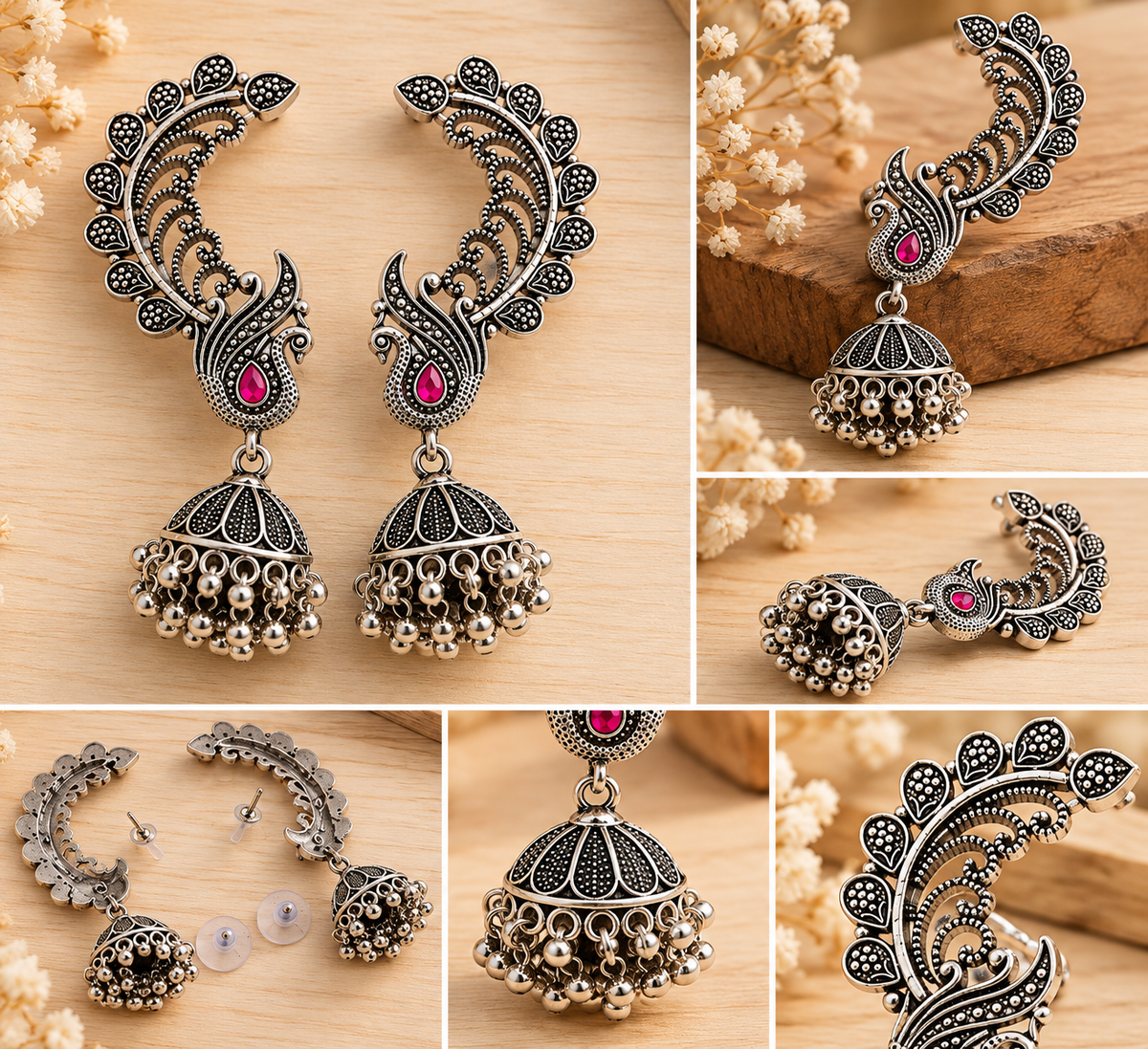 Okhhraa Peacock Ear Cuff Jhumka Earrings with Pink Stone