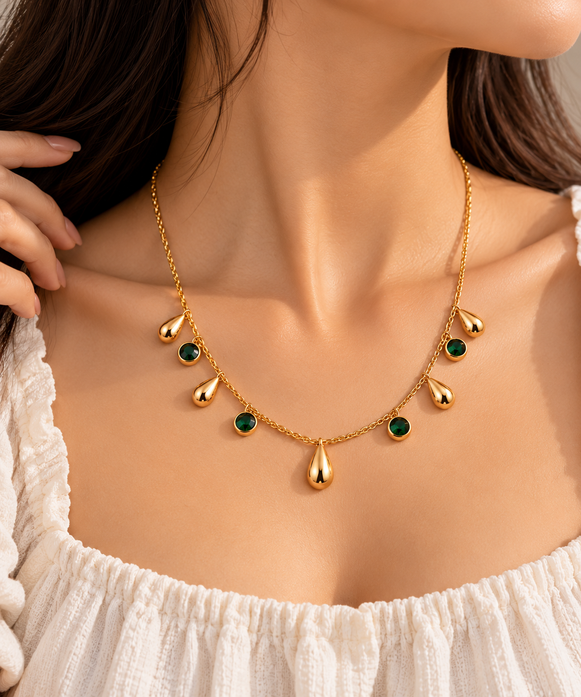 okhhraa Gold-Tone Green Stone & Teardrop Charm Necklace