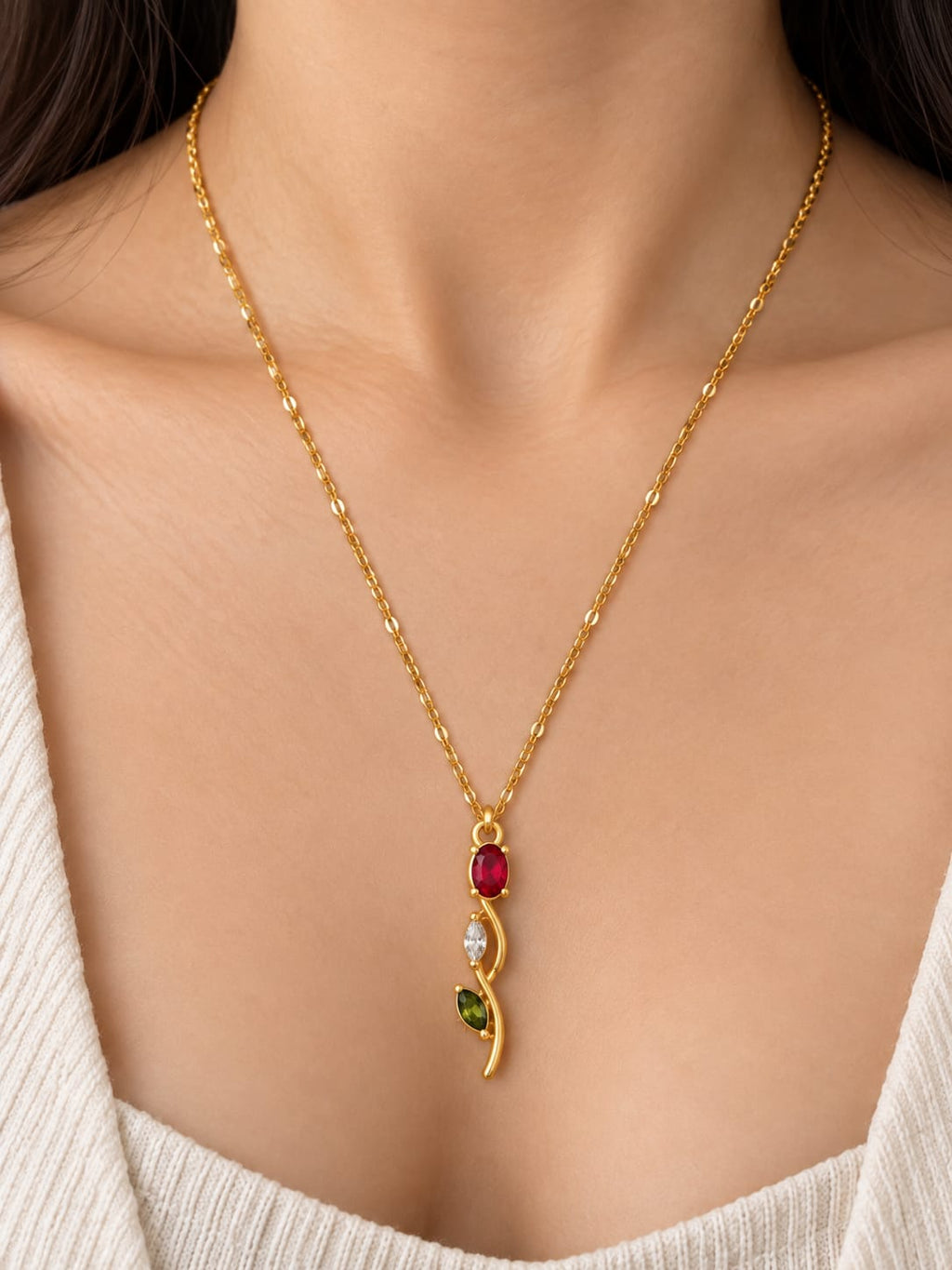 okhhraa Gold Plated Red Stone Leaf Design Pendant Necklace | for Women, Multi-Stone Pendant, Leaf Design, Gold Plated Chain, Oval Red Stone