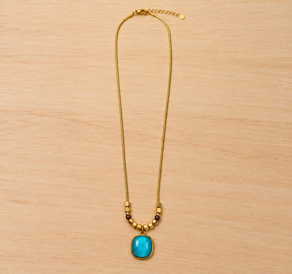 okhhraa Gold Tone Turquoise Stone Beaded Pendant Necklace