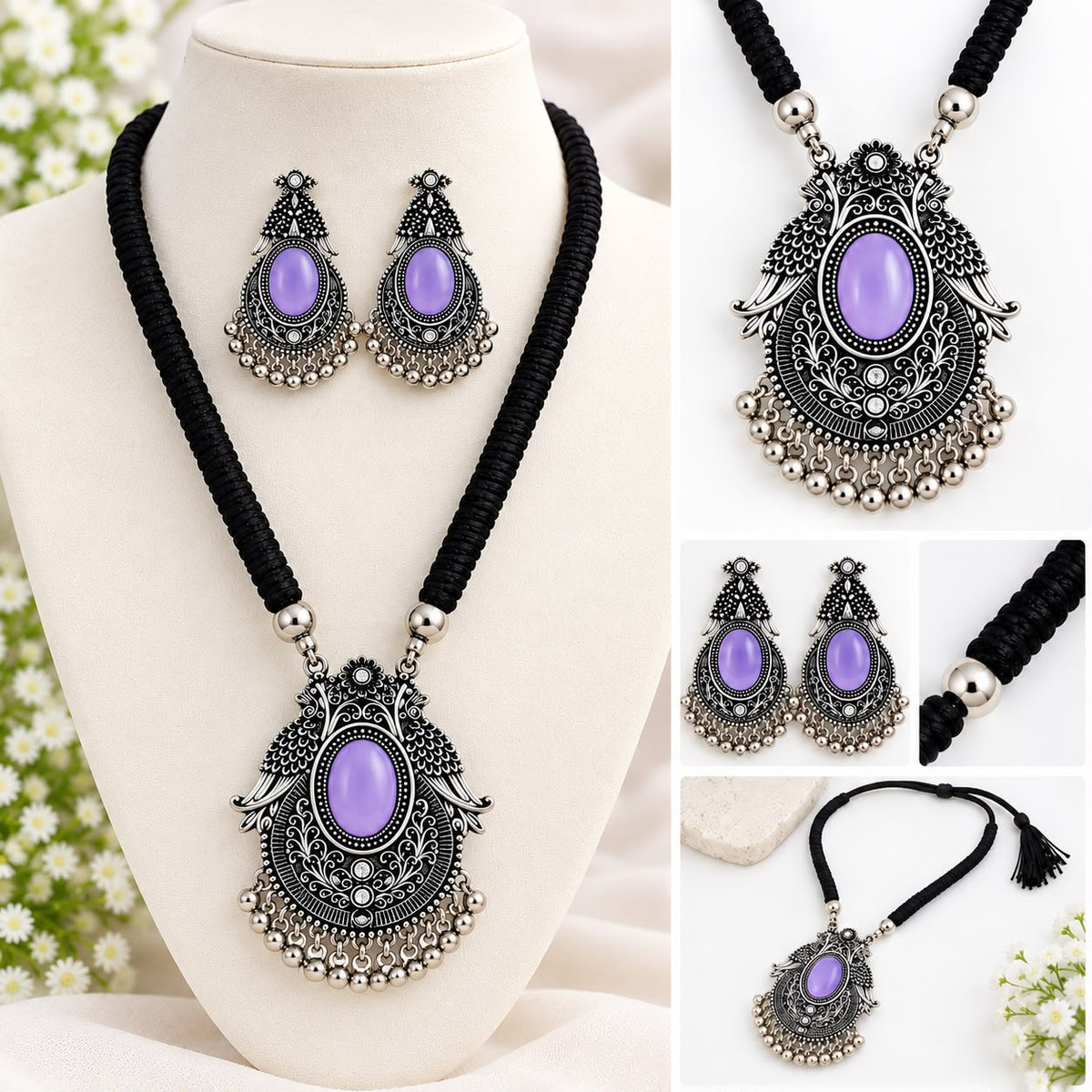 okhhraa Lavender Stone Pendant Necklace Set with Matching Earrings