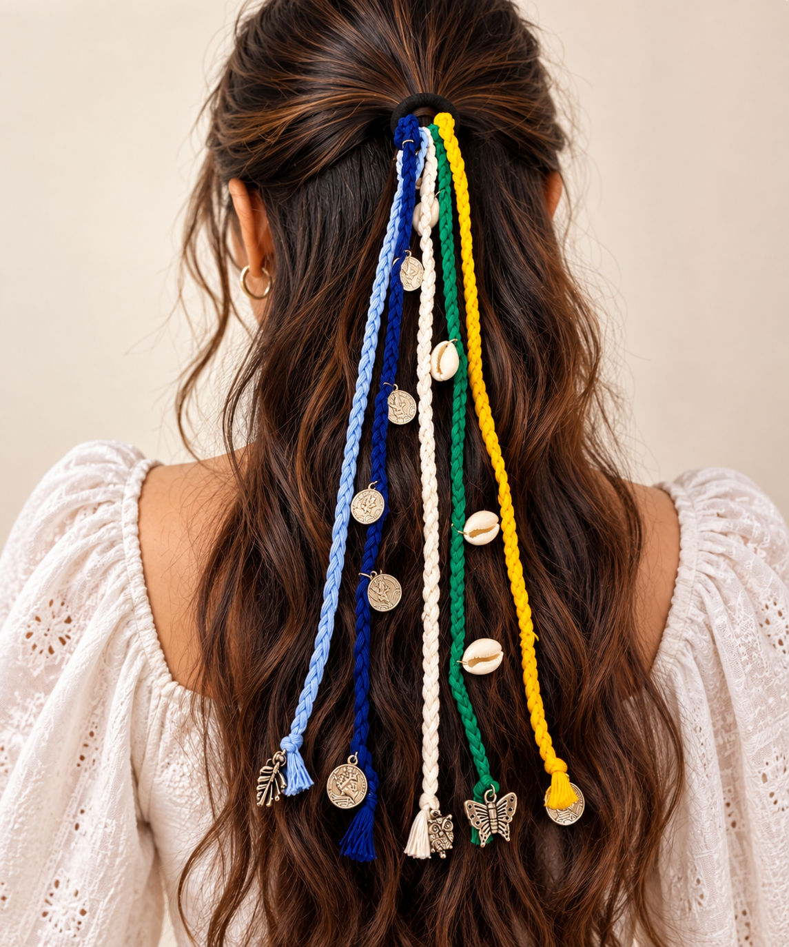 Okhhraa Boho Hair Jewelry with Charms for Women & Girls | Colorful Braided Strands, Coin & Shell Charms, Tassel Accents, Hair Tie Included, Boho Style