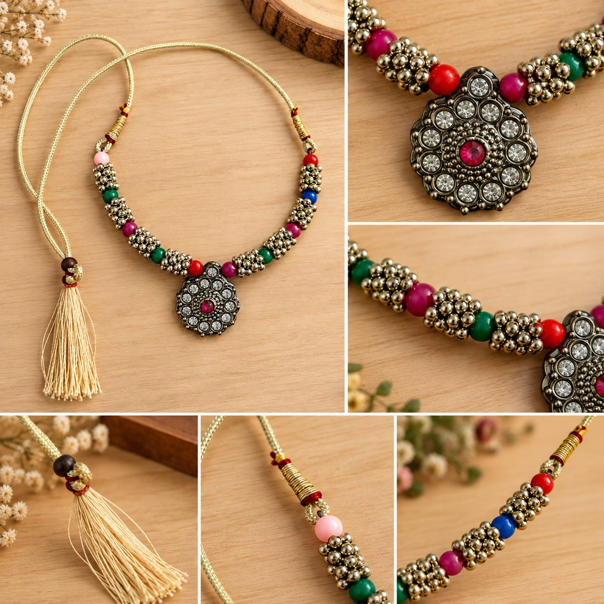 okhhraa Multicolor Beaded Traditional Necklace with Antique Pendant