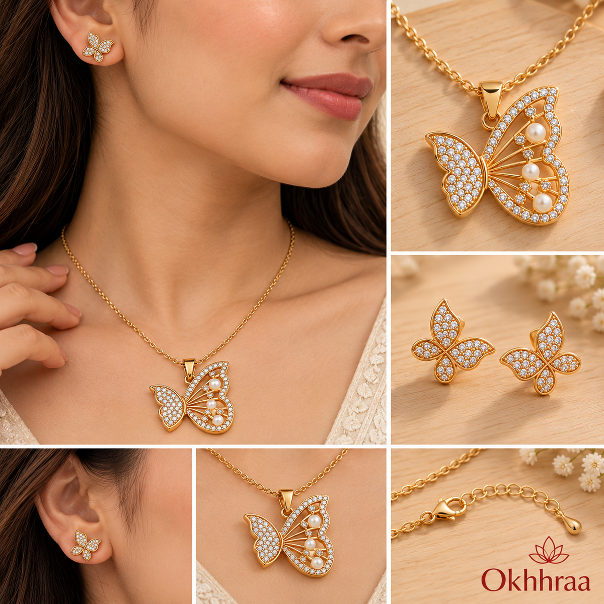 okhhraa 18K Gold Plated Butterfly Necklace & Earrings Set