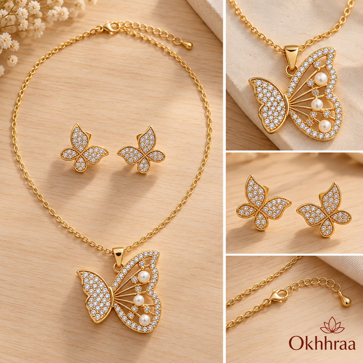 okhhraa 18K Gold Plated Butterfly Necklace & Earrings Set