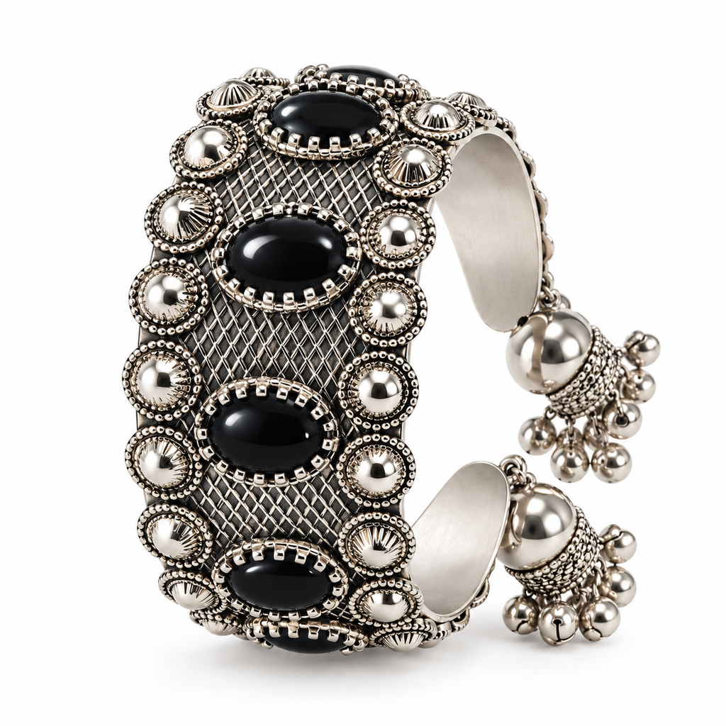 okhhraa Women’s Designer Oxidised Look Cuff Bangle with Black Stone