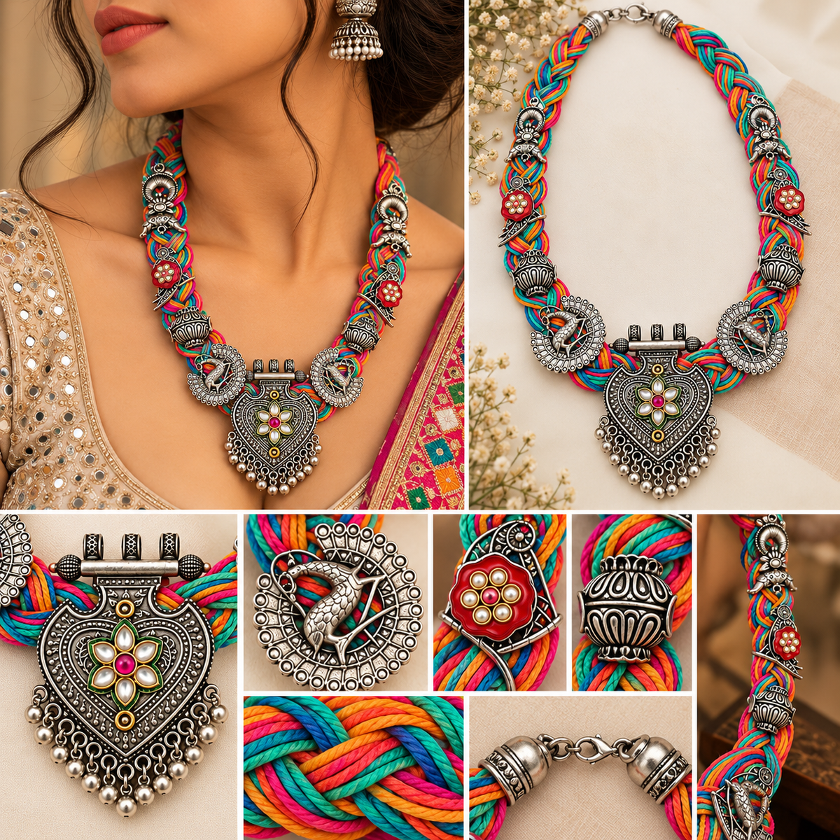 okhhraa Multicolour Braided Thread Oxidised Silver-Tone Traditional Necklace