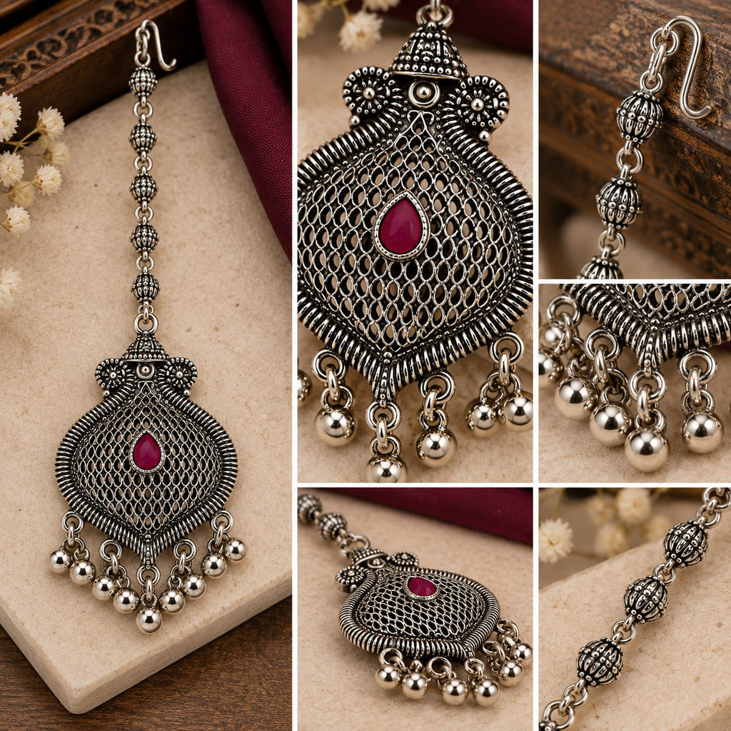 Oxidised Silver Maang Tikka with Red Stone & Hanging Beads