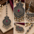 Oxidised Silver Maang Tikka with Red Stone & Hanging Beads
