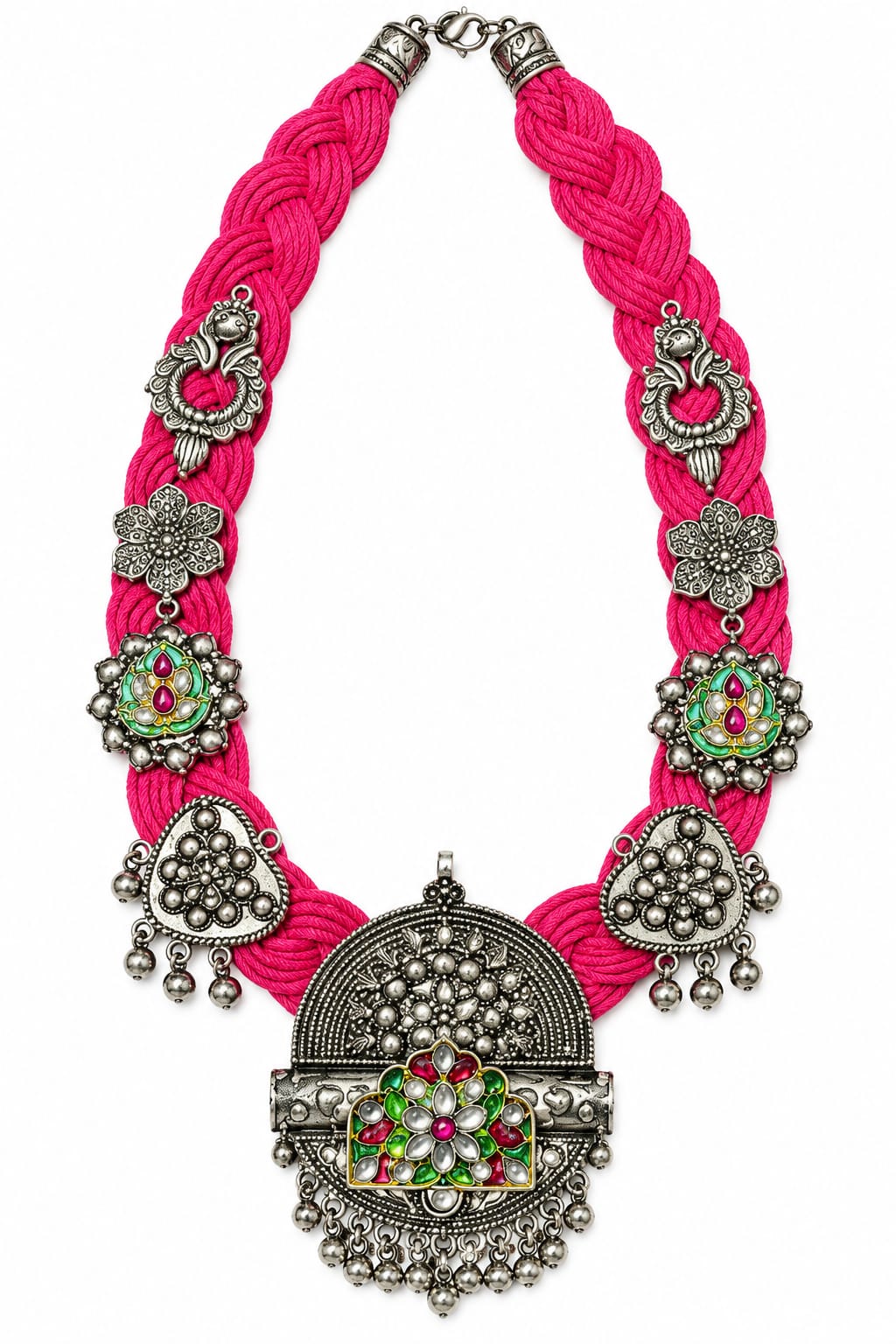 okhhraa Pink Braided Thread Oxidised Silver-Tone Traditional Necklace