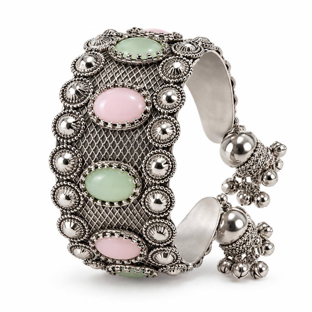 okhhraa Women's Oxidised Cuff Bangle with Oval Stones